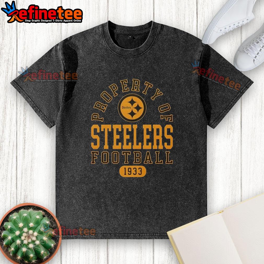 awesome-property-of-pittsburgh-steelers-football-since-1933-washed-t-shirt Awesome Property of Pittsburgh Steelers Football Since 1933 washed t-shirt featuring team colors and logo.