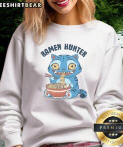 Alt Text: Awesome Ramen Hunter Tiger eating noodles in Japan sweatshirt, featuring a playful tiger design and vibrant colors.