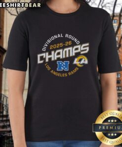 Alt Text: Awesome Rams Champions Divisional Round 2025-26 Ladies Tee featuring team logo and vibrant colors.