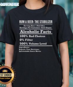 Awesome Rum and Beer Stabilizer tee featuring 100 Alcoholic Facts, perfect for ladies who enjoy fun and informative apparel.