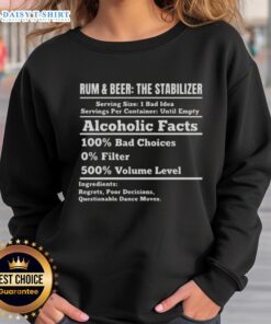 Awesome Rum and Beer Stabilizer sweatshirt featuring fun alcoholic facts and a stylish design, perfect for party enthusiasts.
