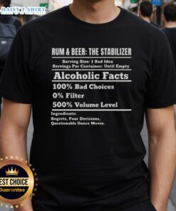 Awesome Rum and Beer Stabilizer T-Shirt highlighting 100% bad choices and 500% volume level for alcohol enthusiasts.