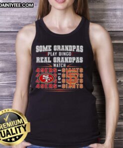 Grandmas in tank tops enjoying bingo while supporting the San Francisco 49ers and Giants at a lively event.