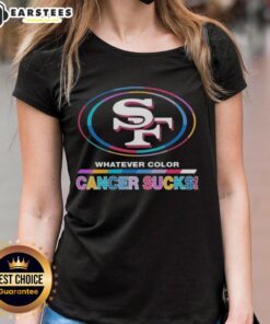 San Francisco 49ers ladies tee featuring colorful cancer awareness logo, promoting support and unity against cancer.