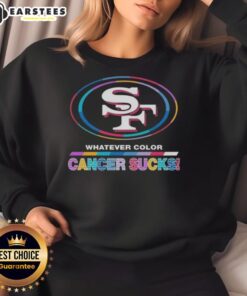 Alt Text: Colorful San Francisco 49ers sweatshirt featuring 'Cancer Sucks' logo, perfect for fans supporting a great cause.