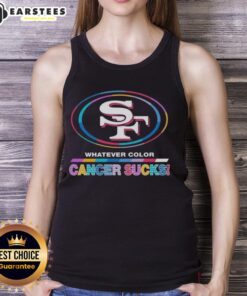 Alt Text: San Francisco 49ers tank top featuring colorful 'Cancer Sucks' logo, perfect for fans supporting a great cause.