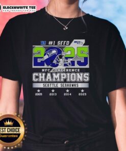 Alt Text: Awesome Seattle Seahawks 2025 NFC Conference Champions ladies tee featuring team colors and logo.