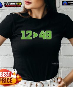 Awesome Seattle Seahawks 12 Defeated 49 Ladies Tee featuring team colors and logo, perfect for game day fashion.