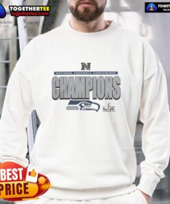 Seattle Seahawks 2025 NFC Champions locker room sweatshirt, featuring bold team logo and vibrant colors for fans.