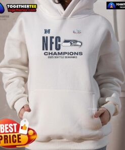 Alt Text: Awesome Seattle Seahawks 2025 NFC Champions locker room hoodie displayed on a hanger, showcasing team pride and style.