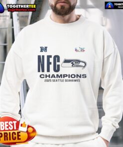 Awesome Seattle Seahawks 2025 NFC Champions locker room sweatshirt featuring team colors and logo.