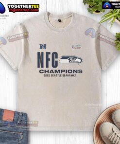Awesome Seattle Seahawks 2025 NFC Champions locker room washed t-shirt featuring team logo and vibrant colors.