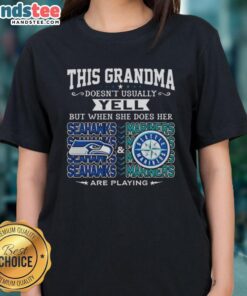 Grandma cheering in a Seattle Seahawks tee, showcasing her love for the Seahawks and Mariners in a vibrant moment.