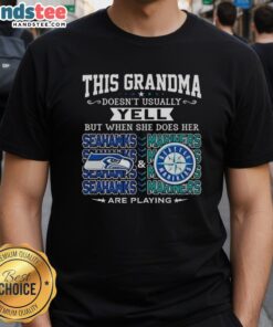 Grandma wearing a fun Seattle Seahawks and Mariners t-shirt, excitedly cheering for her favorite teams.