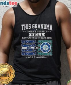 Grandma in a tank top cheering for Seattle Seahawks and Seattle Mariners, showcasing her team spirit.