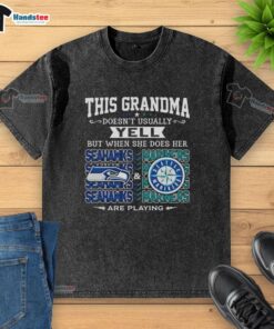 Grandma cheering in a faded Seattle Seahawks and Mariners t-shirt, showcasing her passion for Seattle sports.