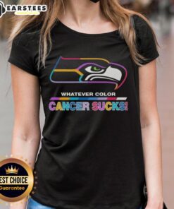 Awesome Seattle Seahawks football ladies tee featuring colorful 'Cancer Sucks' logo design for breast cancer awareness.