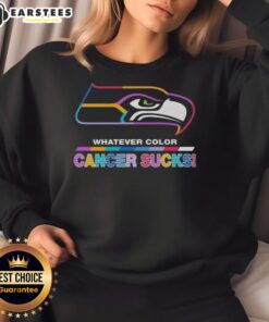 Seattle Seahawks sweatshirt featuring 'Cancer Sucks' logo in vibrant colors, perfect for football fans and cancer awareness.