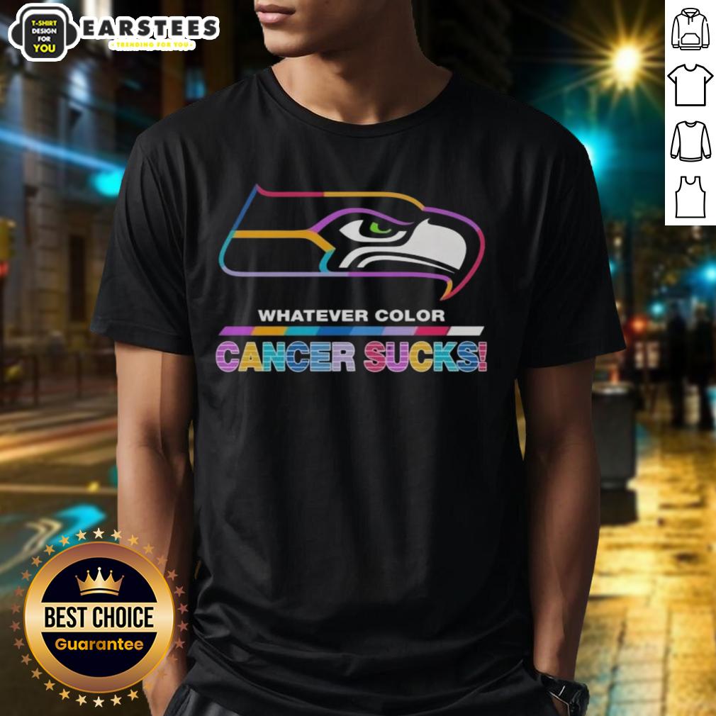 awesome-seattle-seahawks-football-whatever-color-cancer-sucks-logo-colors-t-shirt-1 Alt Text: Awesome Seattle Seahawks Football T-Shirt featuring colors and logo, supporting cancer awareness and saying 'Cancer Sucks'.