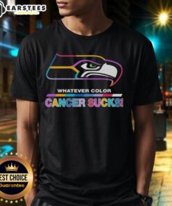 Alt Text: Awesome Seattle Seahawks Football T-Shirt featuring colors and logo, supporting cancer awareness and saying 'Cancer Sucks'.