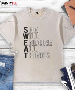 Awesome She Will Endure All Things washed t-shirt featuring a motivational quote and stylish design in soft fabric.