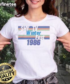Alt Text: Awesome Shy TV Winterfest 1986 Ladies Tee featuring a vintage design, perfect for winter events and nostalgia lovers.