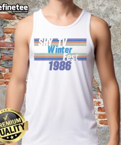 Alt Text: Awesome Shy TV Winterfest 1986 tank top featuring vibrant colors and retro design, perfect for vintage apparel lovers.