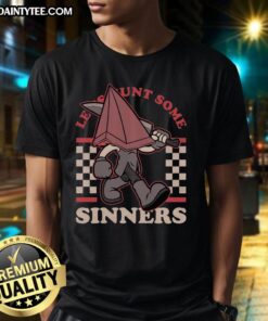 Awesome Silent Hill Pyramid graphic T-shirt design featuring 'Let's Hunt Some Sinners' text for horror game fans.