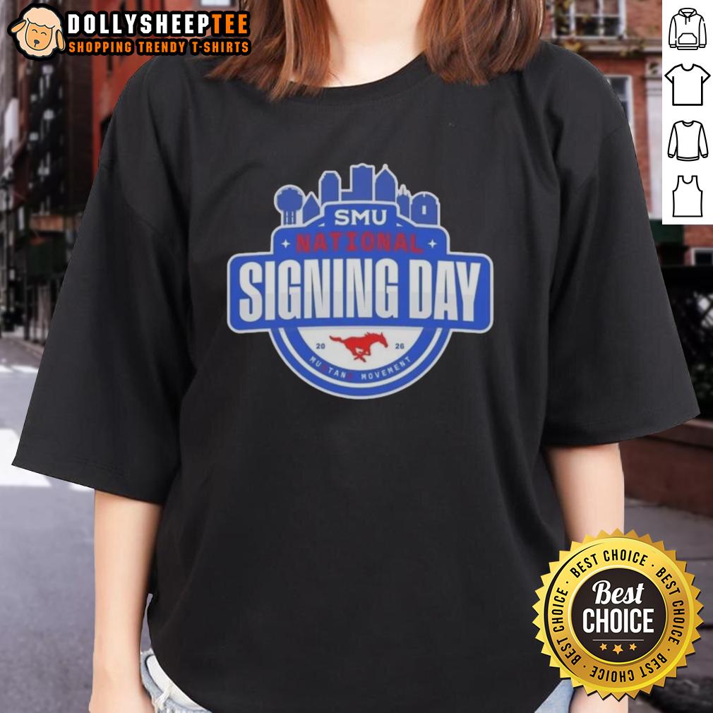 Awesome Smu Mustangs National Signing Day Ladies Tee Alt Text: Awesome SMU Mustangs National Signing Day ladies' tee featuring vibrant team colors and logo for female fans.