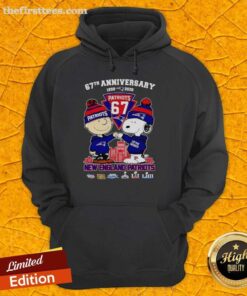 Alt Text: Snoopy and Charlie Brown in New England Patriots hoodie, celebrating 67 years of football history from 1959 to 2026.