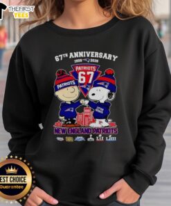 Alt Text: Awesome Snoopy and Charlie Brown New England Patriots Football sweatshirt celebrating 67 years of history (1959-2026)