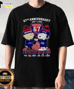 Awesome Snoopy and Charlie Brown New England Patriots Football T-Shirt celebrating 67 years of history, 1959-2026.