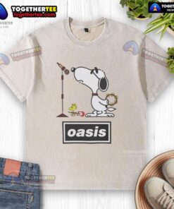 Awesome Snoopy and Woodstock Oasis band parody washed t-shirt featuring vibrant graphic design and soft fabric.
