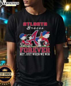 Awesome Snoopy Peanuts Atlanta Braves Forever T-Shirt featuring Snoopy celebrating the team, perfect for fans.