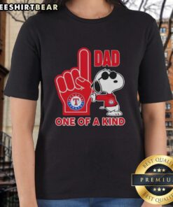 Alt Text: Awesome Snoopy Texas Rangers 1 Dad one of a kind ladies tee featuring a fun design for baseball fans.