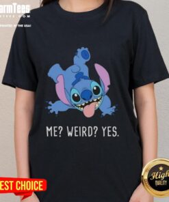 Alt Text: Awesome Stitch Me Weird Yes Cartoon Ladies Tee featuring a quirky design perfect for fun-loving women.