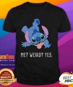 Alt Text: Awesome Stitch Me Weird Yes Cartoon T-Shirt featuring a colorful cartoon design of Stitch with a playful vibe.