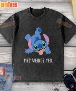 Awesome Stitch Me Weird Yes cartoon design on a trendy washed t-shirt, perfect for casual and quirky fashion lovers.