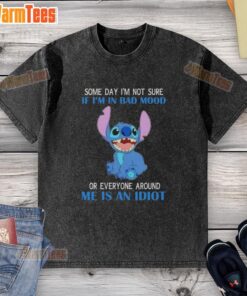 Alt Text: Awesome stitch design on a washed t-shirt with the phrase about moods and idiots, perfect for casual wear.