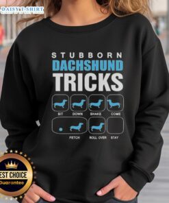 Awesome Stubborn Dachshund Tricks Sweatshirt featuring a playful dachshund graphic, perfect for dog lovers and pet enthusiasts.