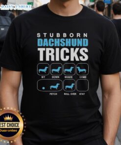 Awesome Stubborn Dachshund Tricks T-Shirt featuring a playful dachshund design, perfect for dog lovers and pet enthusiasts.