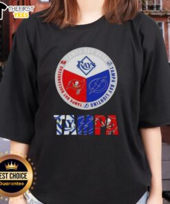 Awesome Tampa Bay City sports logos for Rays, Lightning, and Buccaneers on a stylish ladies tee shirt design.