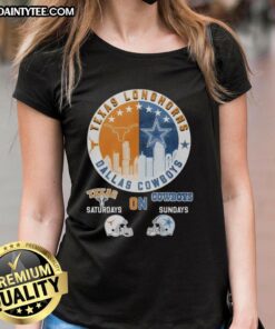 Awesome Texas Longhorns and Dallas Cowboys helmet logo mashup on a ladies tee for game day style.