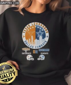 Alt Text: Awesome Texas Longhorns and Dallas Cowboys helmet logo mashup sweatshirt for sports fans on game days.