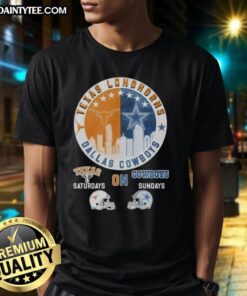 Awesome Texas Longhorns and Dallas Cowboys helmet logo mashup t-shirt for sports fans on game days.