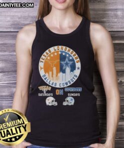 Texas Longhorns and Dallas Cowboys helmet logo mashup tank top, perfect for game days and sports enthusiasts.
