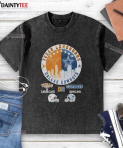 Awesome Texas Longhorns and Dallas Cowboys helmet logo mashup on a washed t-shirt, perfect for game day.