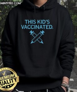 Child wearing an 'Awesome! This Kid's Vaccinated' hoodie, promoting vaccination awareness with a fun design.