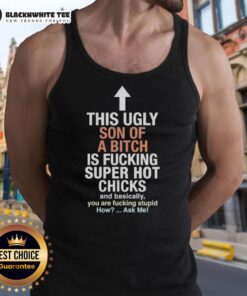 Man wearing 'Awesome This Ugly Son of a Bitch' tank top, confidently posing with attractive women at a summer party.