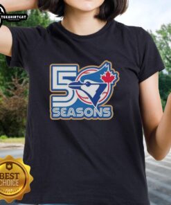 Awesome Toronto Blue Jays 50 Seasons logo on a stylish ladies tee celebrating the iconic baseball team.